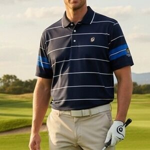 FootJoy Mens Golf Polo Size XL Shirt Bear Atlanta Logo Navy White Stripe Resort